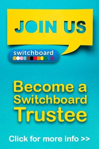 Alt text: Bright turquoise graphic with a yellow speech bubble at the top containing the words “Join Us” in bold blue letters. Below is the Brighton & Hove LGBT Switchboard logo, featuring a row of multicoloured dots. Underneath, large yellow text reads “Become a Switchboard Trustee.” At the bottom in white, is Click for more info >>