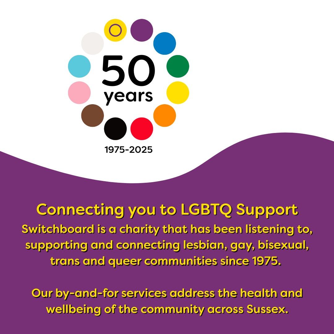 Alt text: Bright turquoise graphic with a yellow speech bubble at the top containing the words “Join Us” in bold blue letters. Below is the Brighton & Hove LGBT Switchboard logo, featuring a row of multicoloured dots. Underneath, large yellow text reads “Become a Switchboard Trustee.” At the bottom in white, is Click for more info >>