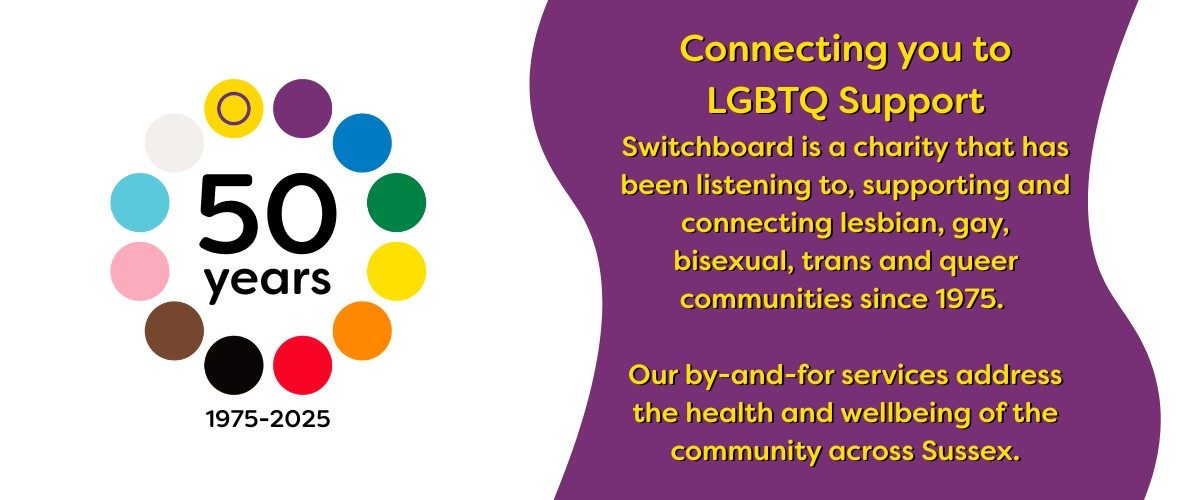 Alt text: Bright turquoise graphic with a yellow speech bubble at the top containing the words “Join Us” in bold blue letters. Below is the Brighton & Hove LGBT Switchboard logo, featuring a row of multicoloured dots. Underneath, large yellow text reads “Become a Switchboard Trustee.” At the bottom in white, is Click for more info >>