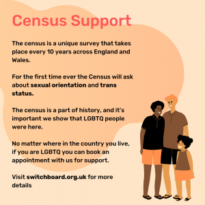 Graphic advertising Census support. Peach background with an illustration of two men and a child standing holding hands.