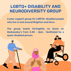 Orange background with illustrations of different disabled people including mobility aid users and a deaf person signing. The text reads 'Switchboard LGBTQ+ Disability Group'.