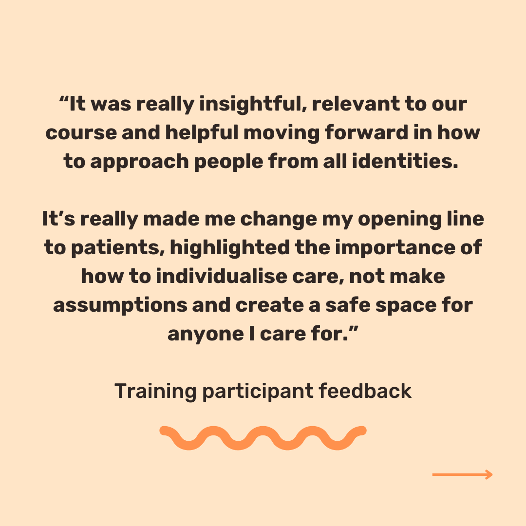 Peach background with black text which reads, '“It was really insightful, relevant to our course and helpful moving forward in how to approach people from all identities. It’s really made me change my opening line to patients, highlighted the importance of how to individualise care, not make assumptions and create a safe space for anyone I care for.” Training participant feedback'