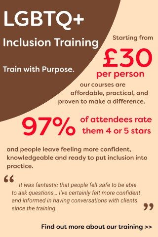 Promotional graphic for Brighton & Hove LGBT Switchboard’s LGBTQ+ Inclusion Training. The text reads: “LGBTQ+ Inclusion Training – Train with Purpose. £30 per person – Starting from, our courses are affordable, practical, and proven to make a difference. 97% of attendees rate them 4 or 5 stars and people leave feeling more confident, knowledgeable and ready to put inclusion into practice.” A testimonial says: “It was fantastic that people felt safe to be able to ask questions… I’ve certainly felt more confident and informed in having conversations with clients since the training.” At the bottom it says: “Find out more about our training >>”. The design uses warm brown, cream and red tones.