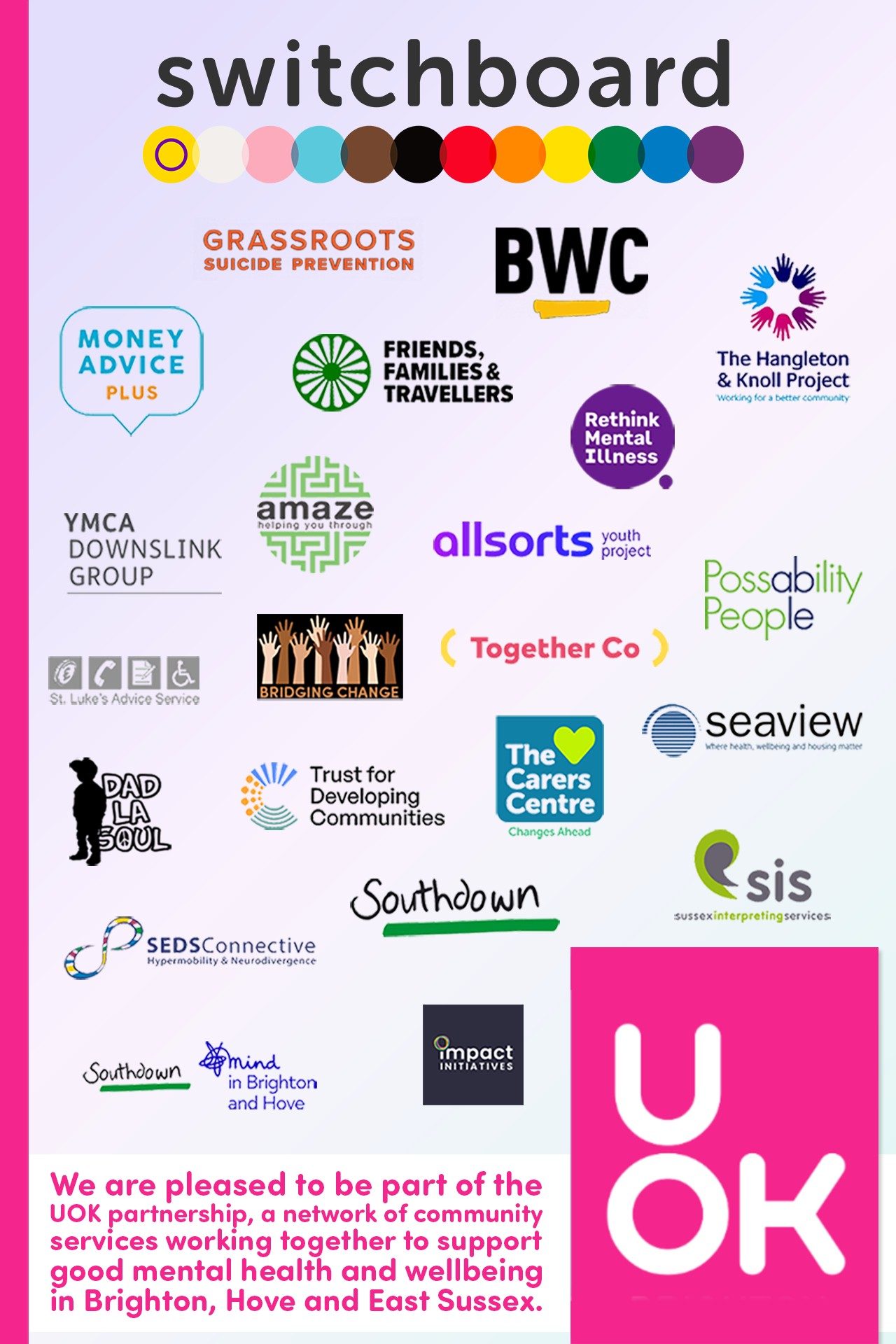 Alt text: Bright turquoise graphic with a yellow speech bubble at the top containing the words “Join Us” in bold blue letters. Below is the Brighton & Hove LGBT Switchboard logo, featuring a row of multicoloured dots. Underneath, large yellow text reads “Become a Switchboard Trustee.” At the bottom in white, is Click for more info >>