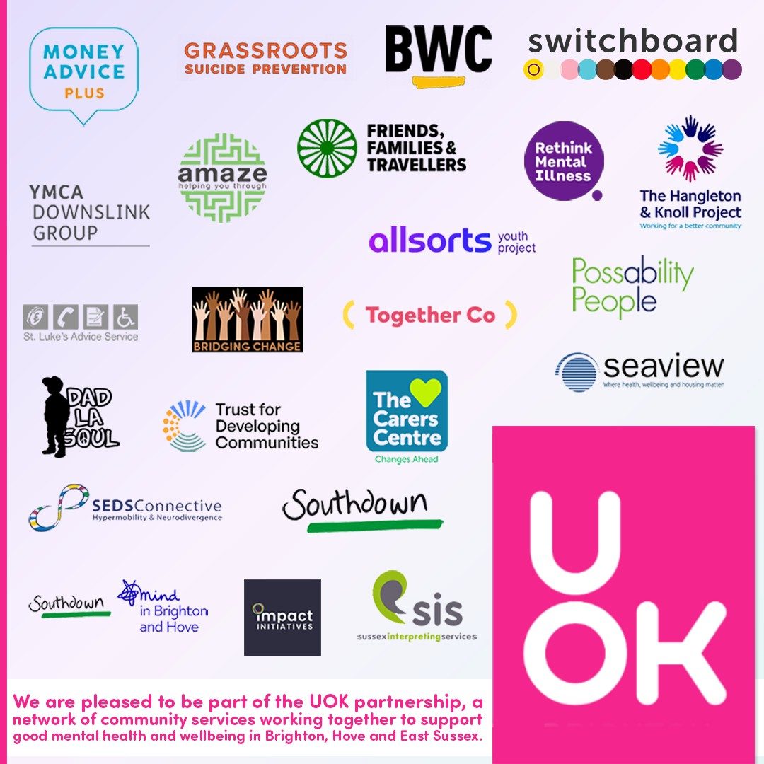 Alt text: Bright turquoise graphic with a yellow speech bubble at the top containing the words “Join Us” in bold blue letters. Below is the Brighton & Hove LGBT Switchboard logo, featuring a row of multicoloured dots. Underneath, large yellow text reads “Become a Switchboard Trustee.” At the bottom in white, is Click for more info >>