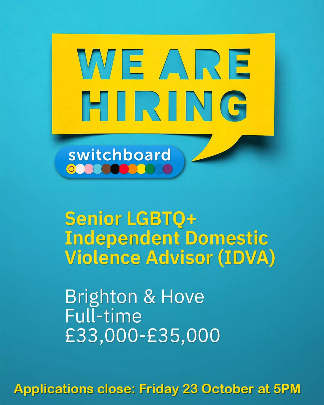 Switchboard is recruiting a Senior LGBTQ+ Independent Domestic Violence Advisor. Applications close Friday 23 October 2026 at 5pm.