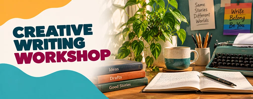 Creative Writing Workshop — notebooks, pens and a typewriter