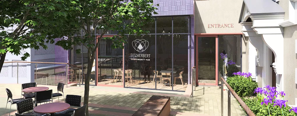 Fitzherbert Community Hub entrance and outdoor seating